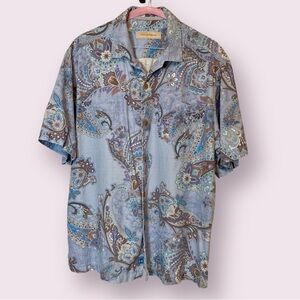Tommy Bahama Silk Tropical Hawaiian Shirt Button Down Light Blue & Brown Large